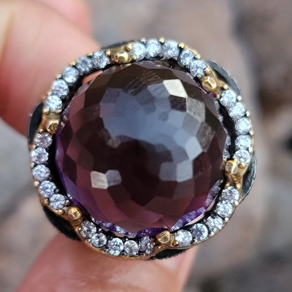 Wow huge chunky cocktail ring with multifaceted amethyst glass orb ornate 925 - Picture 3 of 14